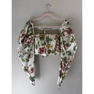 ASOS Floral Puff Sleeve Corset Crop Top White Pink US 4 Cottagecore Renaissance